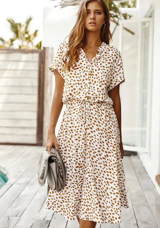Vintage Summer Dress with Three-Quarter Sleeves – Maevy-Beige-S-State of Style