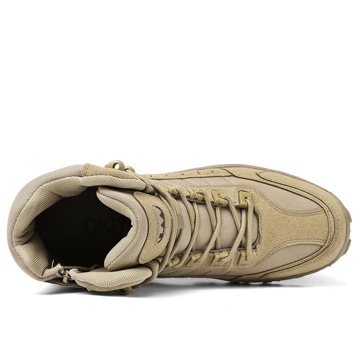 Top-down view of a tan boot showing the padded collar, laces and side zipper 11