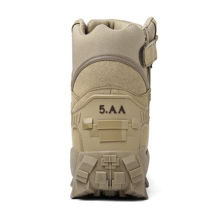Rear view of a sand-colored boot showing the heel panel, pull strap and sole tread 12