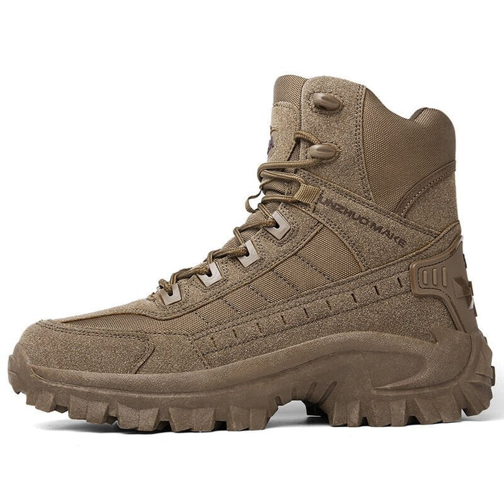 Side profile of a brown high-top boot showing the stitched panels, lace eyelets and heel guard 15