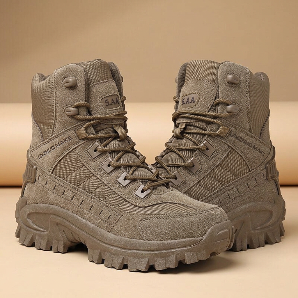 Pair of taupe brown high-top boots facing each other, showing laces, suede overlays and chunky treaded soles 26