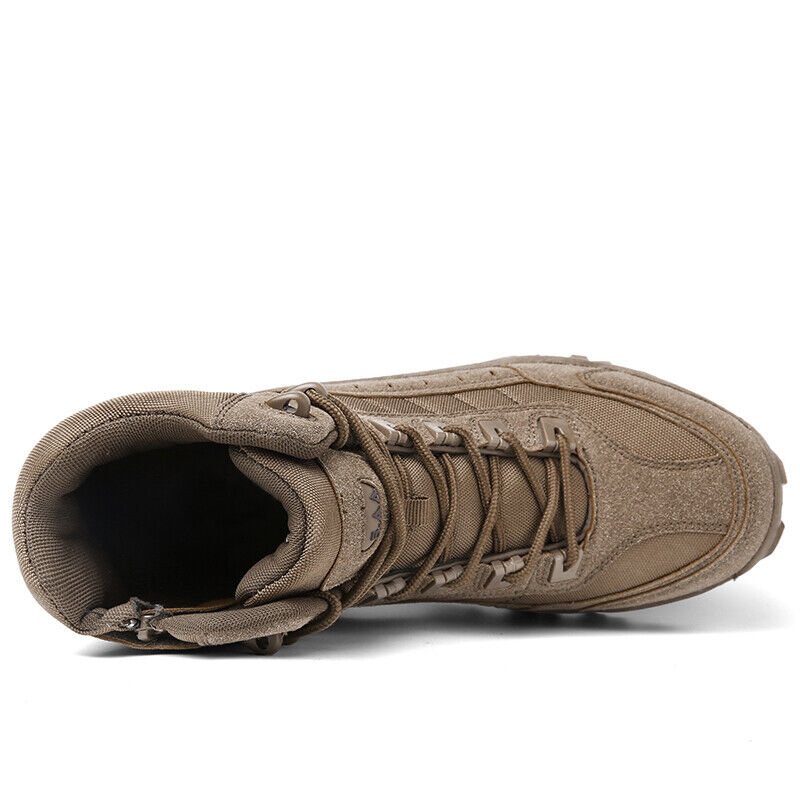 Top-down view of a brown boot showing the padded collar, laces and zipper 17