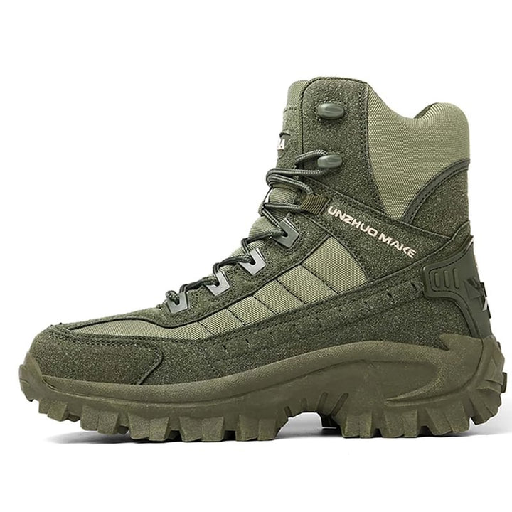 Side profile of an olive green high-top boot with suede and fabric panels and a chunky lugged sole 19