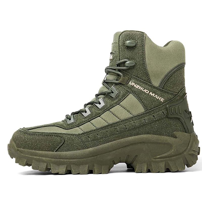 Side profile of an olive green high-top boot with laces, heel guard and lugged sole 19