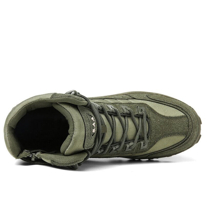 Top-down view of an olive green boot showing the padded collar, interior, laces and side zipper 20