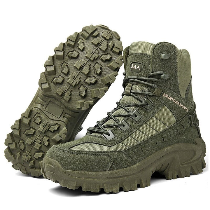 Olive green high-top lace-up boot standing upright beside its twin, which is tilted to show the chunky lugged sole 21