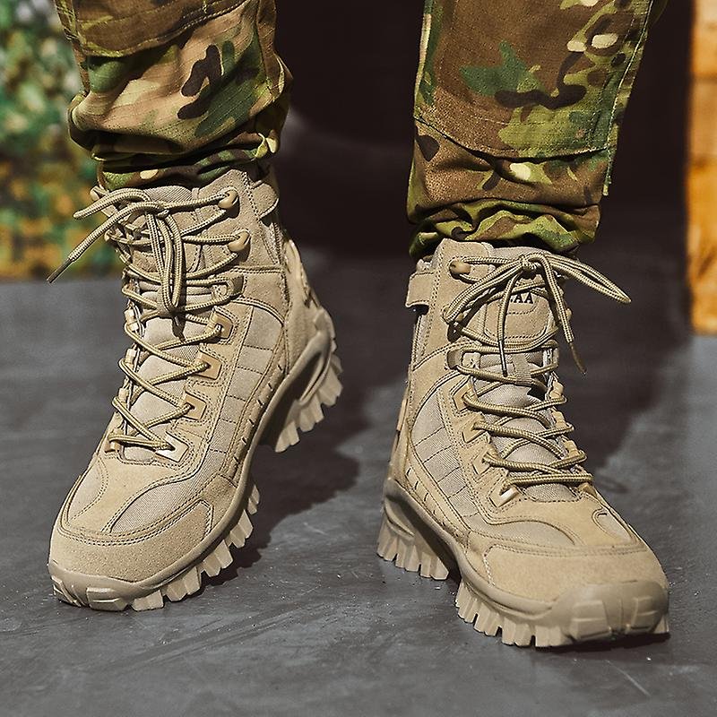 Front view of sand-colored lace-up boots worn with camouflage pants, showing the side zipper and laces 4