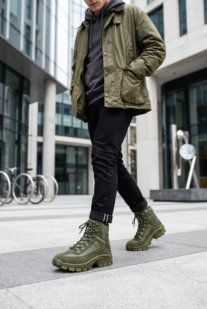 Man in olive jacket, black jeans and green lace-up boots walking through a city plaza 1