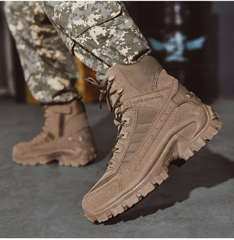 Brown suede-and-fabric high-top boots worn with gray digital camouflage pants, one boot lifted mid-step 6