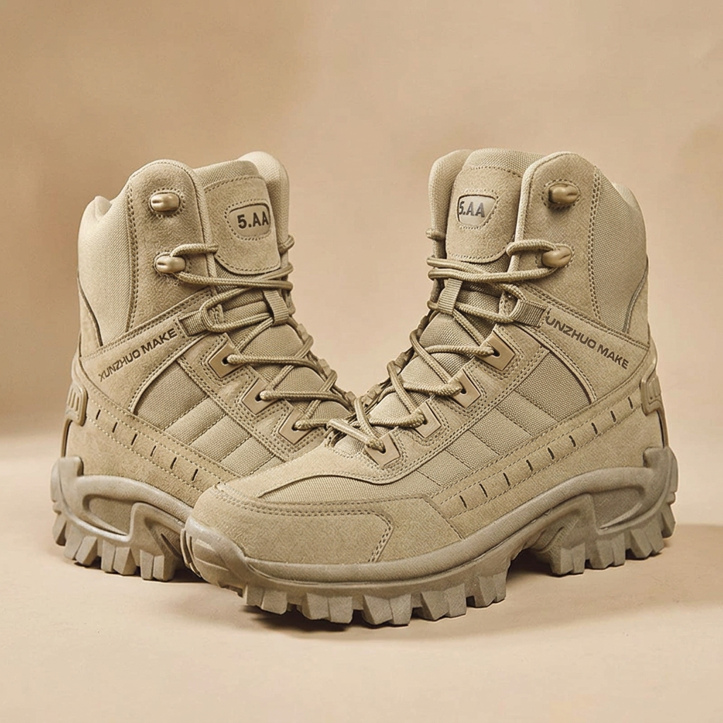Pair of sand-colored high-top lace-up boots with suede and fabric panels, shown on a matching beige backdrop 24