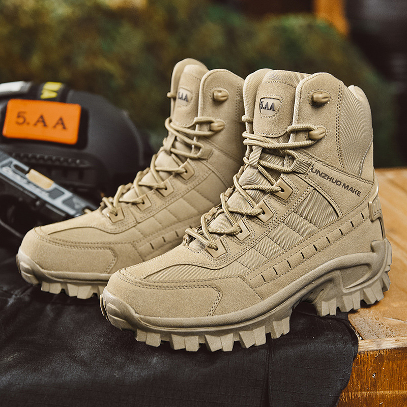 Pair of tan suede and fabric boots with chunky soles displayed on dark fabric outdoors 8