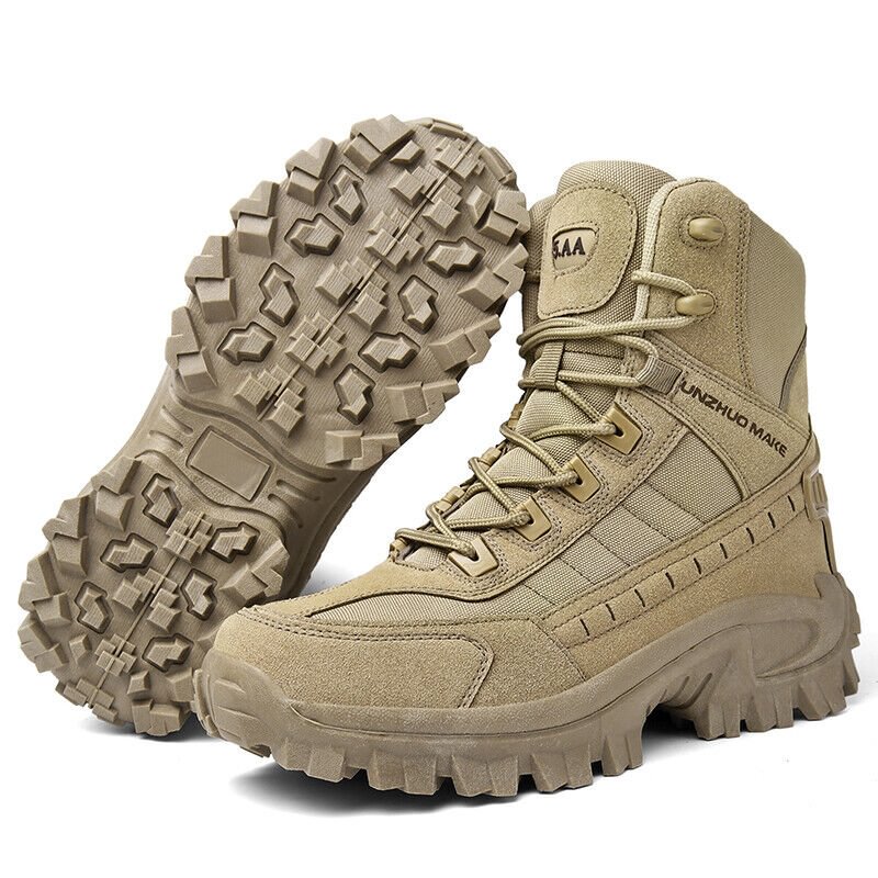 Tan boot stood next to a second boot tipped to show its patterned lug sole 9