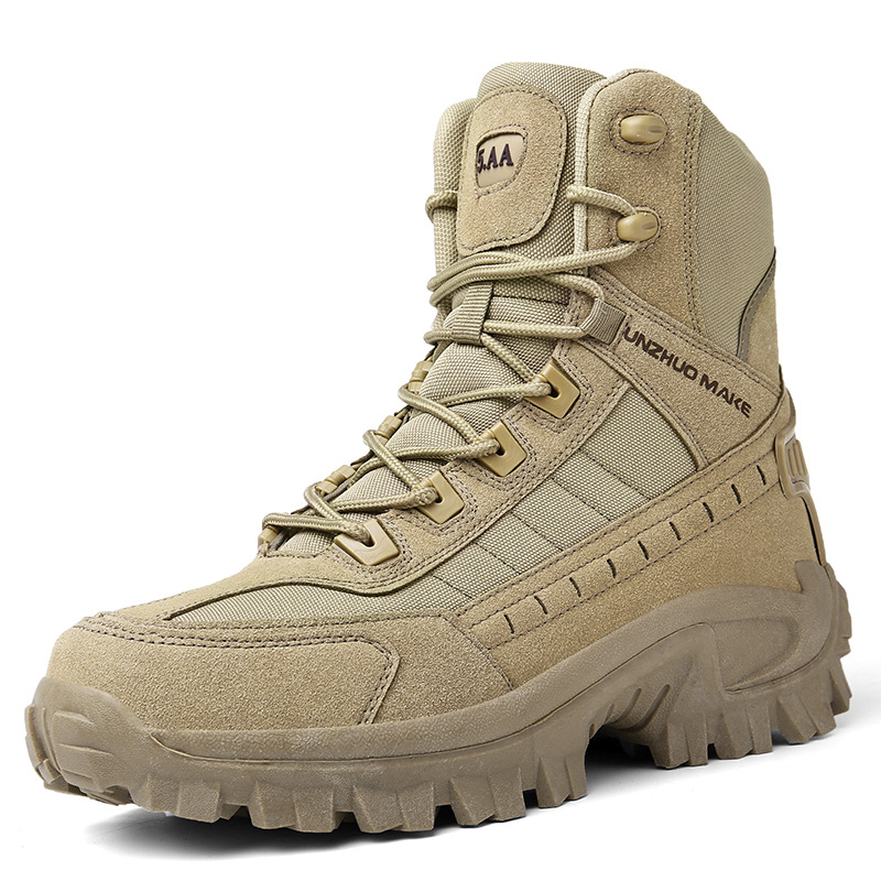 Single sand-colored high-top boot, angled three-quarter view on a plain white background 10