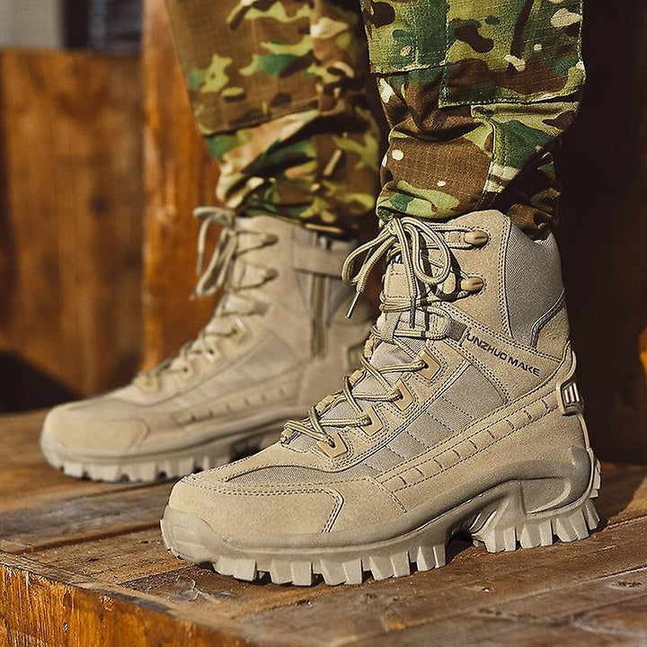 Sand-colored high-top boots worn with camouflage pants, standing on a rustic wooden surface 3