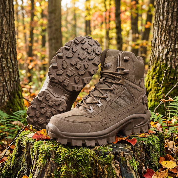 Brown lace-up hiking boot standing beside its upturned lugged sole on a mossy stump in autumn woods 1