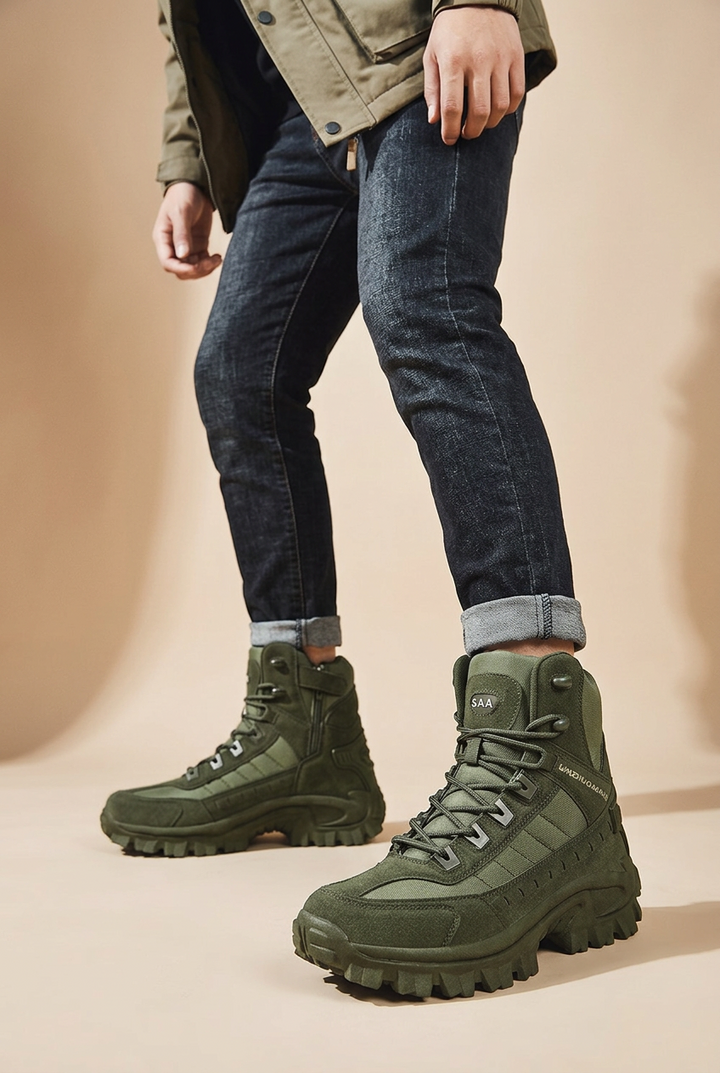 Olive green high-top lace-up boots with chunky lug soles worn by a model in dark jeans and a khaki jacket 1
