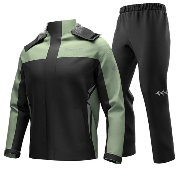 Black rain jacket with sage green shoulder and sleeve panels, paired with black pants marked with gray arrows 11