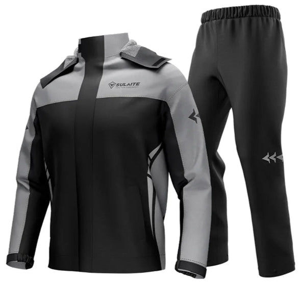 Black rain jacket with gray shoulder and sleeve panels, paired with black pants marked with gray arrows 10