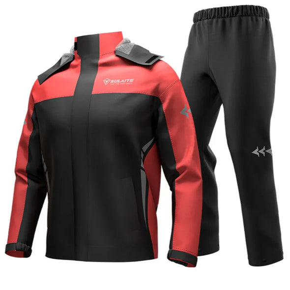 Black rain jacket with red shoulder and sleeve panels, paired with black pants marked with gray arrows 12