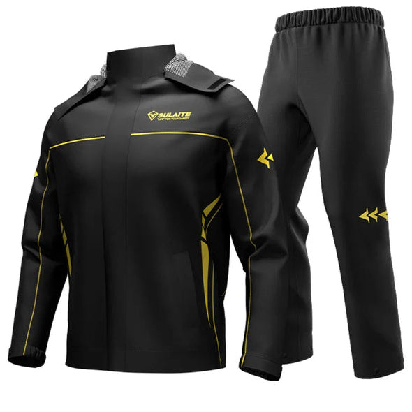 Black hooded rain jacket and pants with yellow piping and yellow arrow reflective accents 9