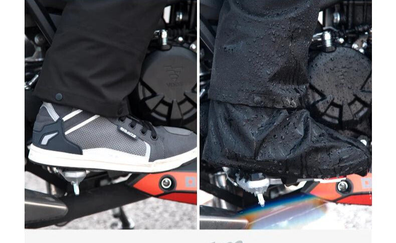 Side-by-side of a rider's boot on a motorcycle footpeg, dry on the left and covered by wet black rain pants on the right 2