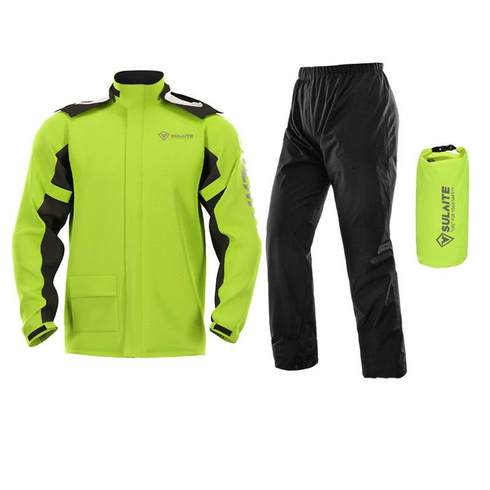 Neon yellow-green rain jacket with black panels, black pants and a matching dry bag laid out together 6