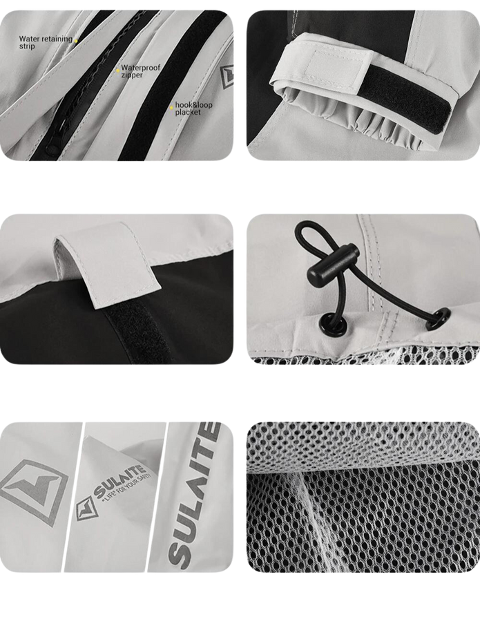Six close-up detail panels showing the waterproof zipper, hook-and-loop cuff strap, drawcord hood toggle and mesh lining 1