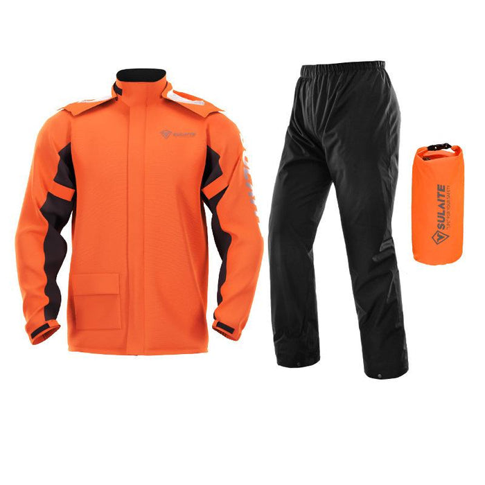 Orange rain jacket with black side panels, black pants and a matching orange dry bag laid out together 7