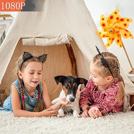 Two girls and a small dog playing inside a play tent, with a 1080P badge 3