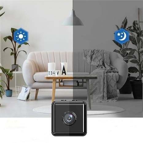 Black cube camera in front of a living room shown in day and night modes 7
