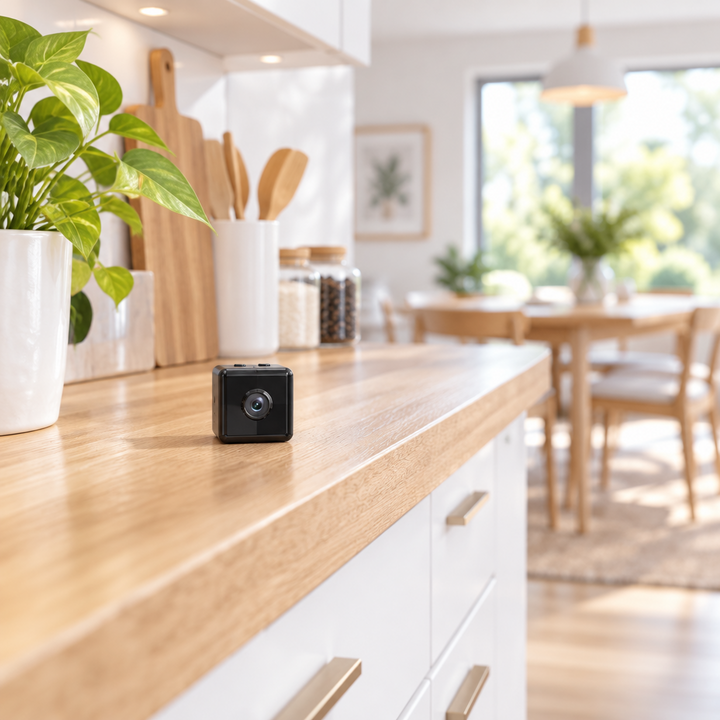 Small black cube camera sitting on a wooden kitchen counter beside a plant and utensils 1