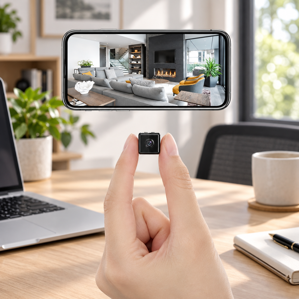 Fingers holding the tiny black cube camera at a desk, with a living room view on a phone above 1
