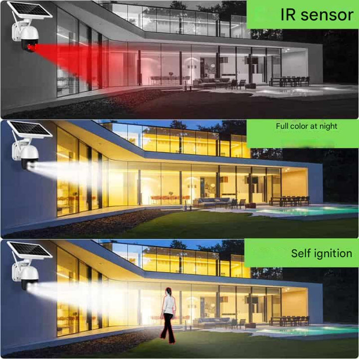 Three night views of a modern glass house comparing infrared, full-color and light-activated modes, with a woman walking in 10