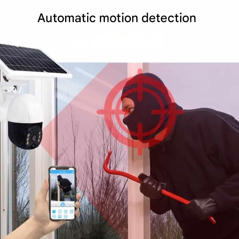 Masked intruder holding a crowbar at a window, targeted by the camera, with a phone showing the alert 12