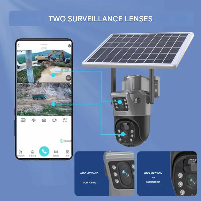 Camera with solar panel linked by lines to a phone screen showing two separate live views from its two lenses 12