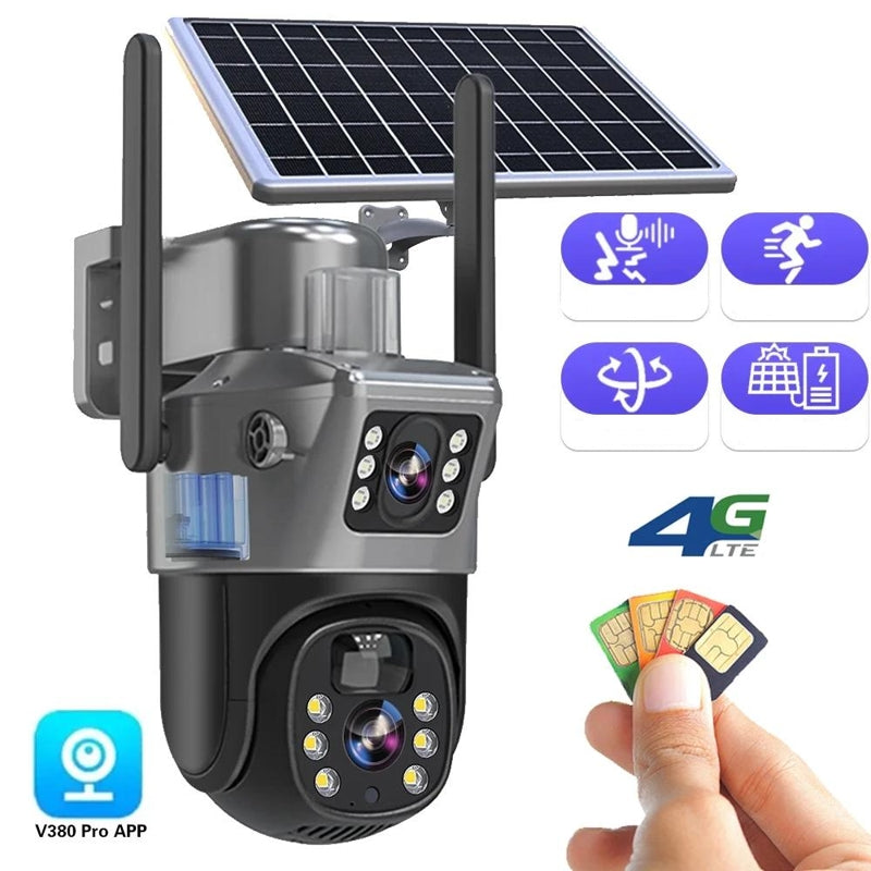 Camera with solar panel surrounded by feature icons, a 4G logo, a hand holding SIM cards and an app icon 2