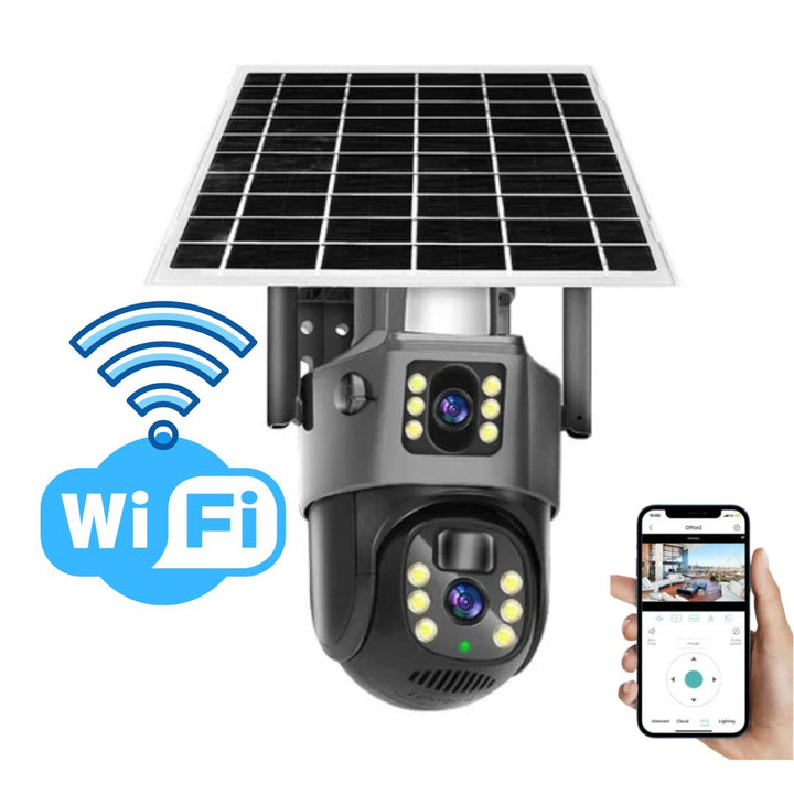 Camera with a large solar panel beside a Wi-Fi symbol and a phone showing the live view 4