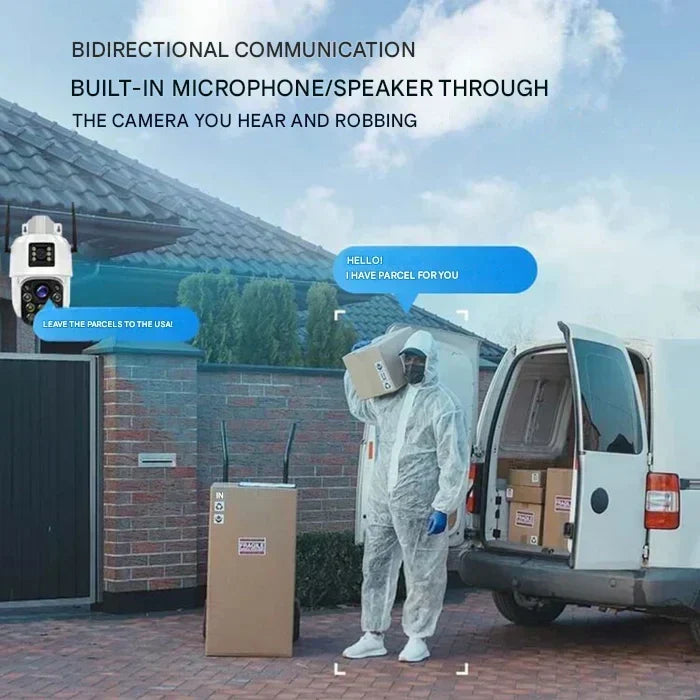 Camera above a driveway talking two-way with a delivery person carrying a parcel from a van 6