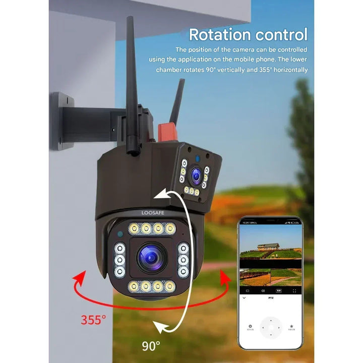 Wall-mounted camera with arrows showing 355° horizontal and 90° vertical rotation, plus a phone control screen 10