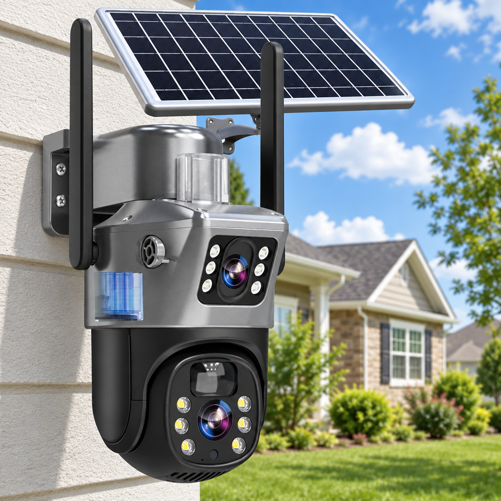 Dual-lens camera with solar panel mounted on a light siding wall beside a suburban house and lawn 14
