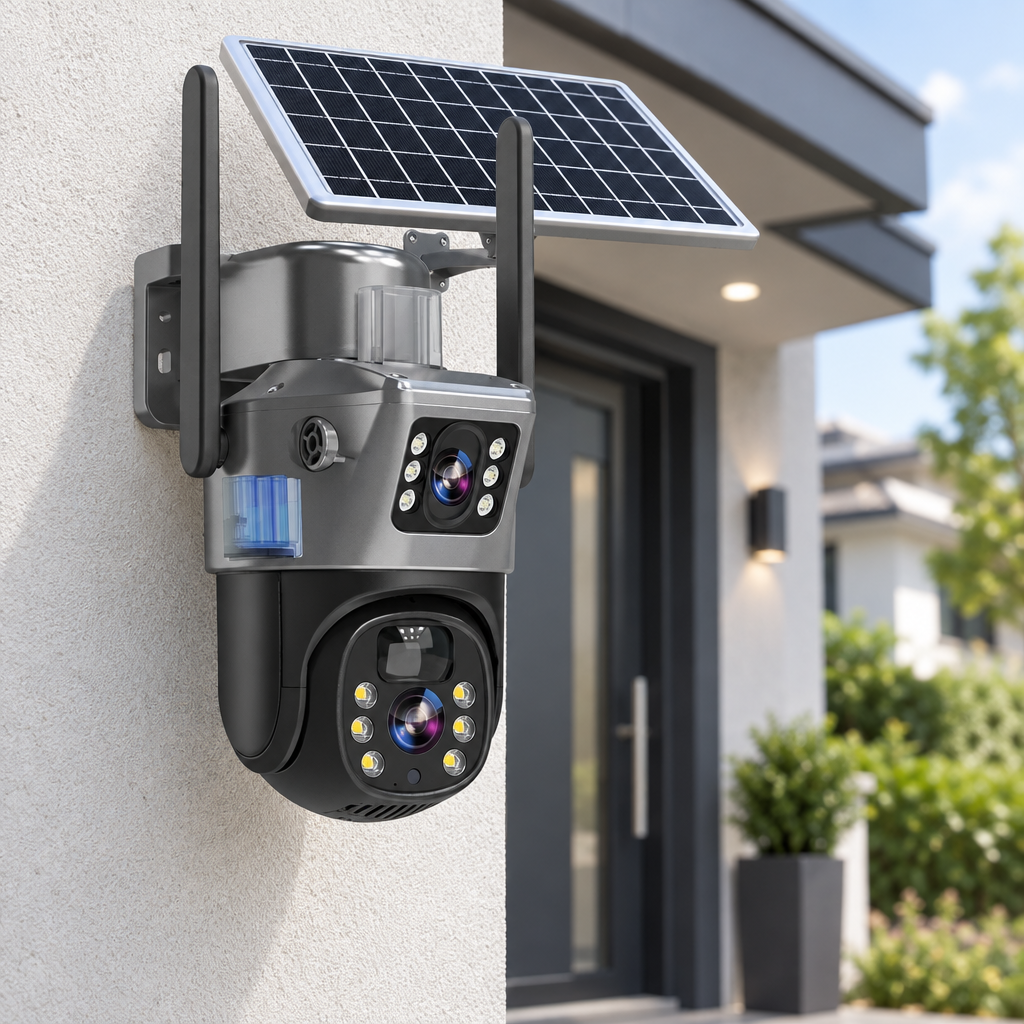 Dual-lens solar security camera mounted on a white exterior wall beside a modern front door 1