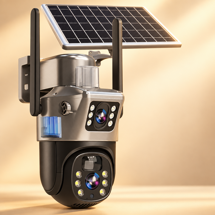 Studio close-up of the dual-lens camera with solar panel and antennas against a warm beige backdrop 14