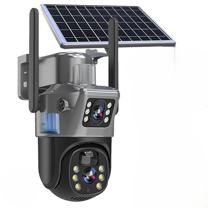 Front view of the dual-lens camera with a solar panel and two antennas on a white background 2