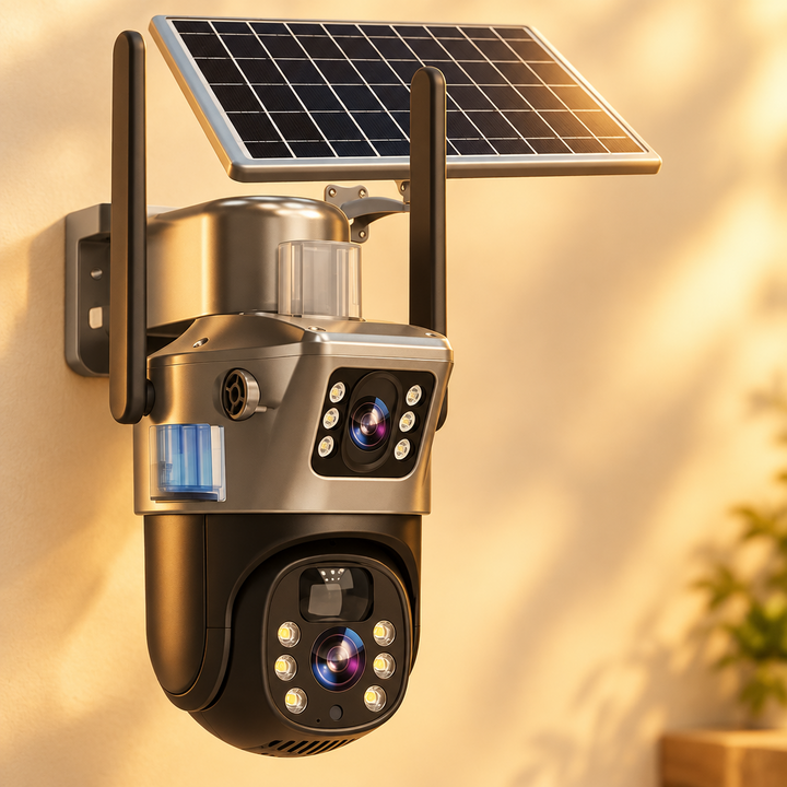 Close-up of the dual-lens camera and solar panel on a sunlit, warm-toned wall 14