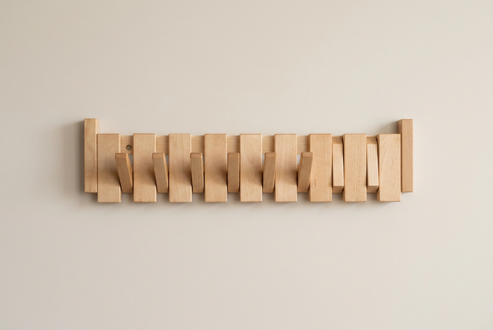 Light maple rack with a visible screw, most hooks folded out and a few tucked in 13