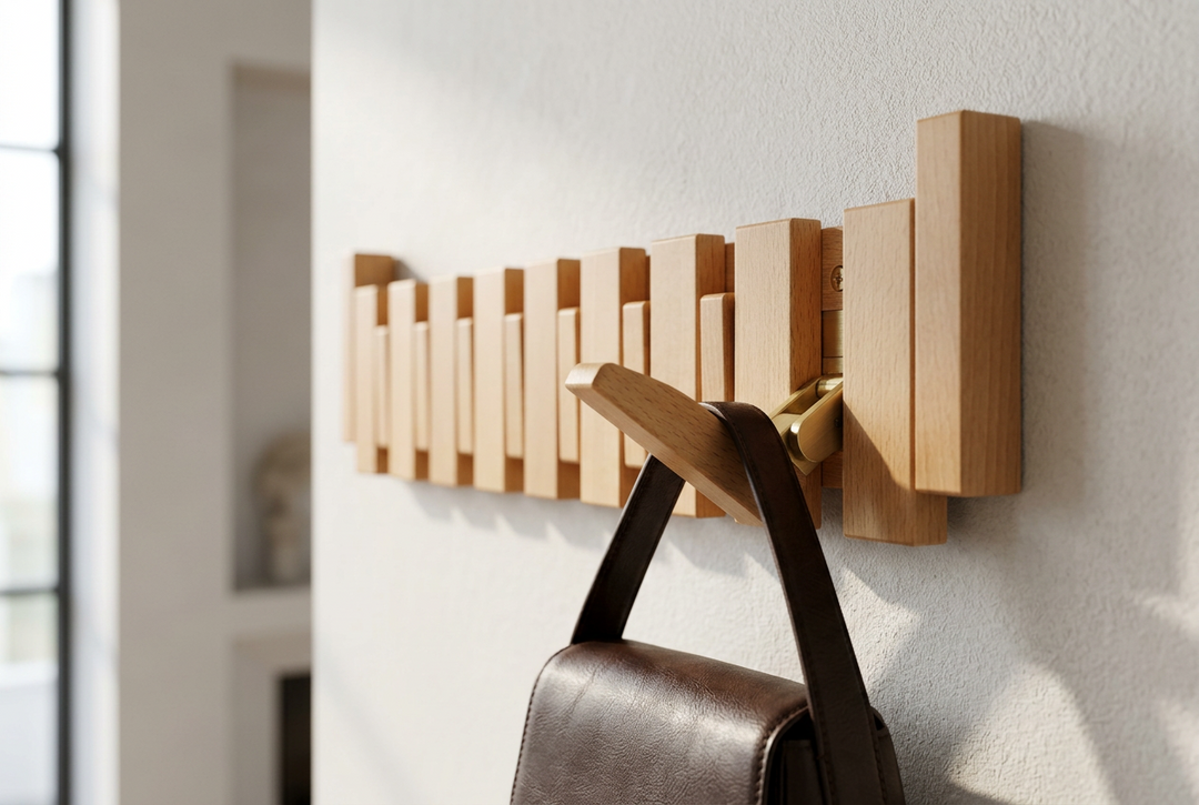 Light beech rack with a brass hinge and one hook folded out holding a brown leather satchel 13