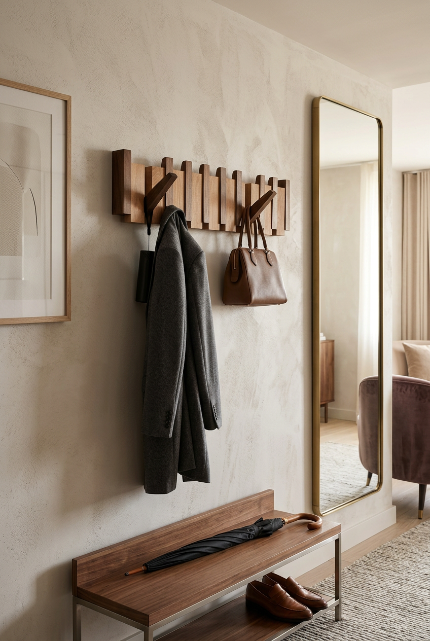 Wooden hook rack in an entryway holding a gray coat and brown handbag above a bench 1