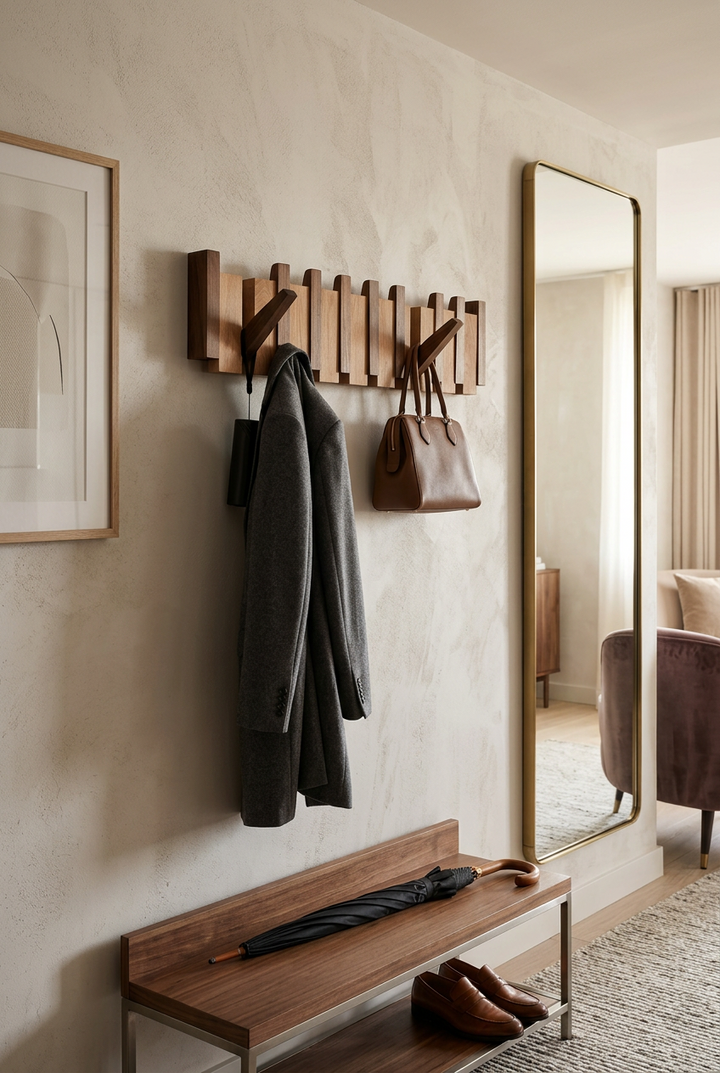 Wooden hook rack in an entryway holding a gray coat and brown handbag above a bench 1