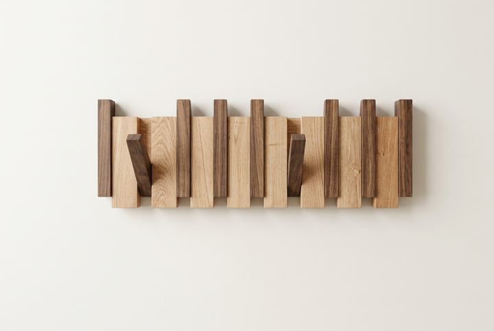 Rack mixing light oak and dark walnut slats, with two dark hooks folded out 11