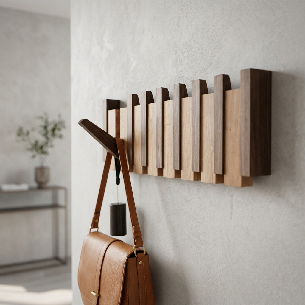 Dark and light wood rack on a textured gray wall with one hook folded out holding a tan leather shoulder bag 11